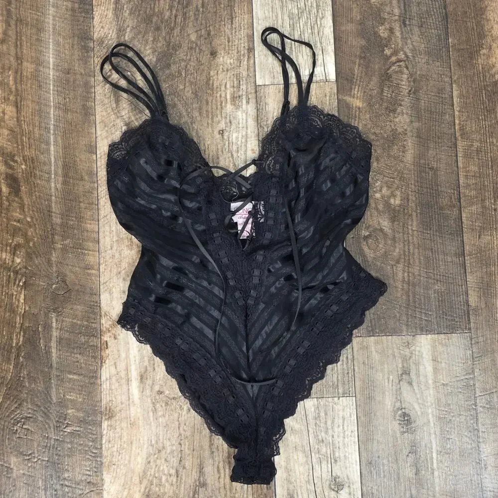 Vintage Black Lace Teddy Bodysuit Lace Up Sheer Striped Lingerie Size Small Sexy